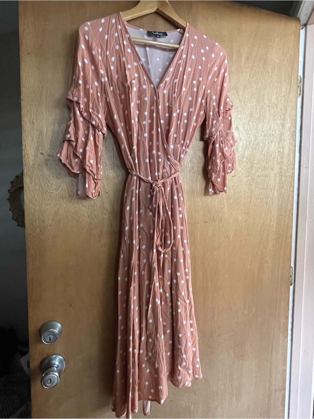 Lulus Polka Dot Wrap Dress Dusty Rose Medium Omlott Waist Tie